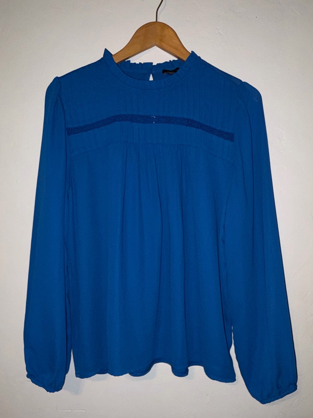Ann Taylor Royal Blue Long Sleeve Ruffle Neck Blouse